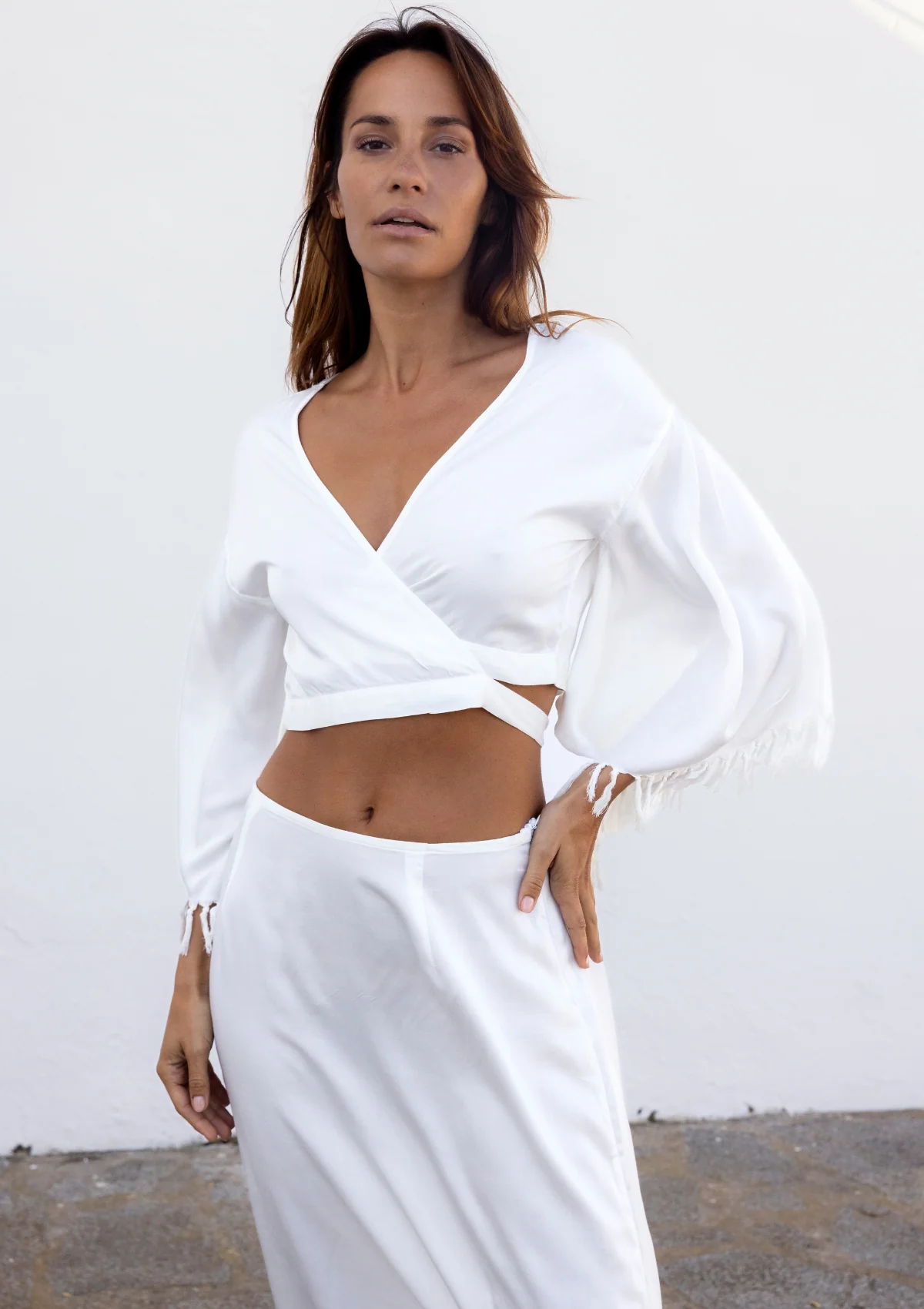 FRINGED WRAP KIMONO TOP - WHITE